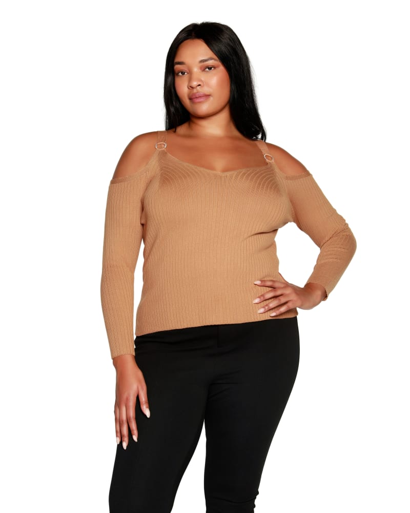 Front of a model wearing a size 1X Plus Size Cold-Shoulder Ribbed V-neck Top in Almond by Belldini. | dia_product_style_image_id:319439